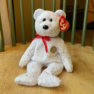 Ty Sparkly White Bear with Red Ribbon, Beanie Baby— Decade
